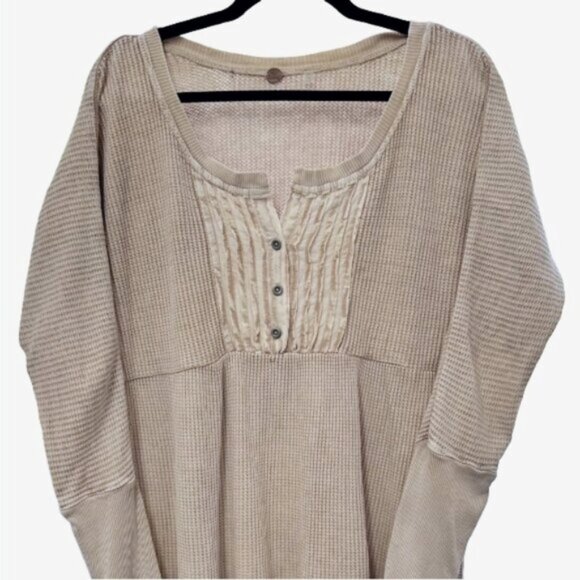 Free People FP One Jolene Thermal Henley Tier Mini Dress Boho oversized Sand S - Picture 5 of 9